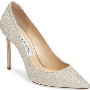 NIB $675 Jimmy Choo Romy Pointed Toe Pump in Platinum Ice Glitter - size 9.5!